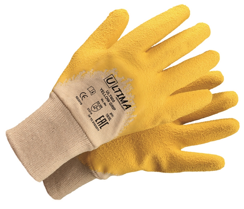 Перчатки YELLOW GRIP трикотажные хб с латексным ребристым покрытием ULT600